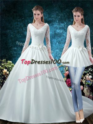 White 3 4 Length Sleeve Chapel Train Lace and Belt Bridal Gown