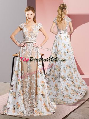 White Column/Sheath Scoop Short Sleeves Chiffon Brush Train Backless Lace and Appliques Evening Dress