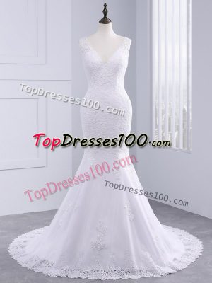 Customized Lace Wedding Dress White Backless Sleeveless Brush Train