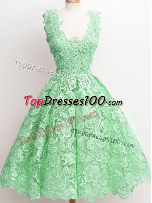 Shining Green Lace Zipper Bridesmaid Gown Sleeveless Knee Length Lace