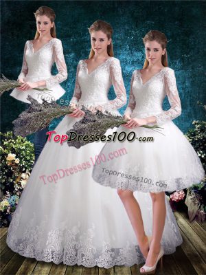 Stunning 3 4 Length Sleeve Lace Up Floor Length Lace Wedding Dress
