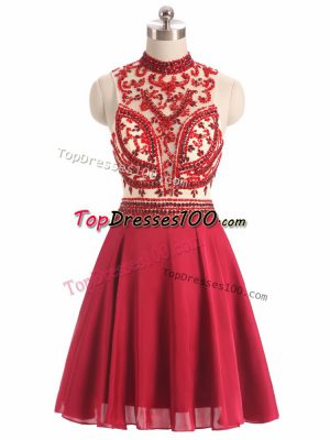 Eye-catching Red A-line Chiffon Halter Top Sleeveless Beading Mini Length Backless Prom Party Dress