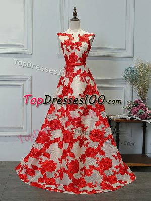 Glamorous Printed Bateau Sleeveless Lace Up Appliques Evening Dress in White And Red