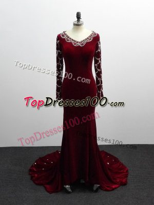 Sumptuous Burgundy Column/Sheath Beading Mother of Bride Dresses Zipper Elastic Woven Satin Long Sleeves