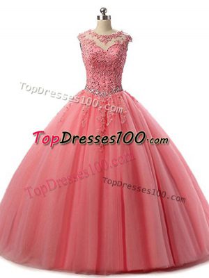 Scoop Sleeveless Tulle Quince Ball Gowns Beading and Lace Lace Up