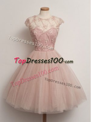 Shining Tulle Scoop Cap Sleeves Lace Up Lace Court Dresses for Sweet 16 in Peach