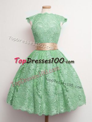 Green Cap Sleeves Belt Knee Length Quinceanera Dama Dress