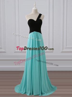 Free and Easy Aqua Blue Chiffon Zipper Wedding Guest Dresses Sleeveless Brush Train Ruching