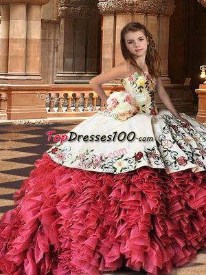 Latest White And Red Sleeveless Embroidery and Ruffles Lace Up Child Pageant Dress