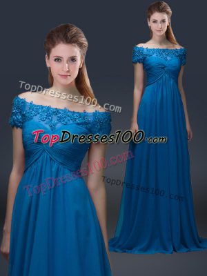 Adorable Appliques Mother of Bride Dresses Royal Blue Lace Up Short Sleeves Floor Length