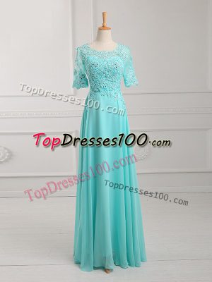 Beauteous Aqua Blue Half Sleeves Lace and Appliques Floor Length Mother of Groom Dress
