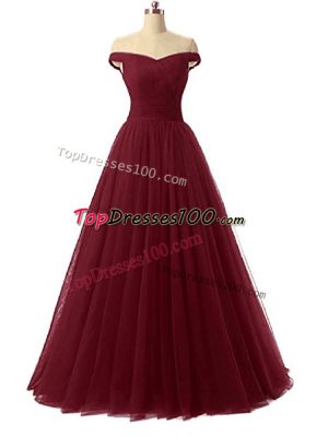 Burgundy Sleeveless Floor Length Ruching Lace Up Prom Evening Gown