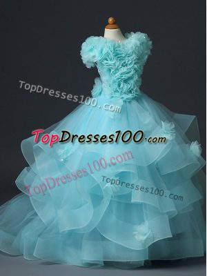 High-neck Sleeveless Little Girls Pageant Dress Floor Length Ruffles and Hand Made Flower Aqua Blue Tulle