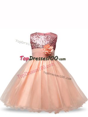 Scoop Sleeveless Organza Flower Girl Dresses Sequins and Hand Made Flower Zipper