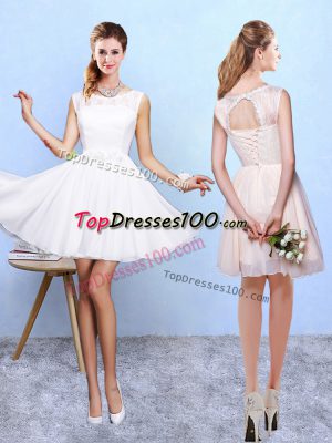 Stylish White Lace Up Bridesmaid Dresses Lace and Appliques Sleeveless Knee Length