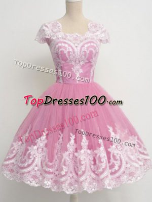 Rose Pink Cap Sleeves Tulle Zipper Damas Dress for Prom and Party and Wedding Party