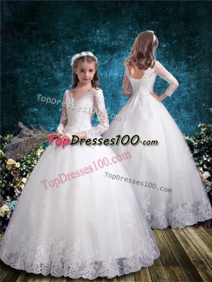 Traditional White Tulle Lace Up V-neck 3 4 Length Sleeve Floor Length Flower Girl Dresses Lace