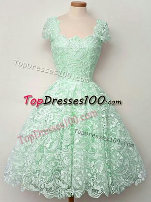 Sophisticated Apple Green Lace Up Damas Dress Lace Cap Sleeves Knee Length