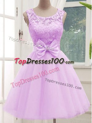 Excellent Lilac A-line Lace and Bowknot Bridesmaids Dress Lace Up Tulle Sleeveless Knee Length