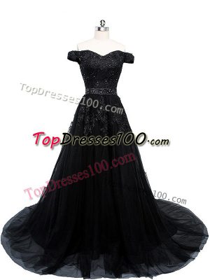 High Quality Black Sleeveless Tulle Brush Train Lace Up Celebrity Prom Dress for Prom and Military Ball and Sweet 16