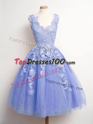 Latest Knee Length Lavender Quinceanera Court Dresses Tulle Sleeveless Lace