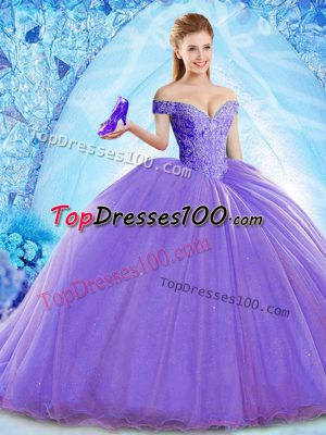 Beading Quinceanera Dress Lavender Lace Up Sleeveless Brush Train