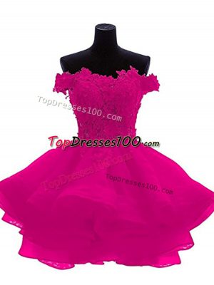 High End Mini Length Zipper Party Dress for Toddlers Fuchsia for Prom and Party and Sweet 16 with Beading and Lace and Appliques and Ruffles