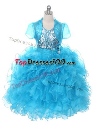 Baby Blue Scoop Lace Up Ruffles and Sequins and Bowknot Juniors Party Dress Sleeveless