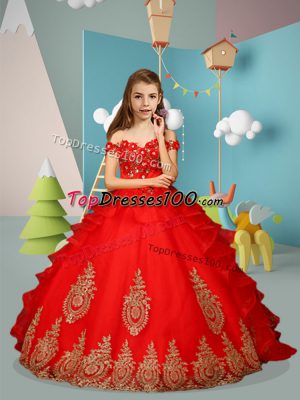 Discount Appliques and Embroidery Little Girls Pageant Gowns Red Lace Up Sleeveless Floor Length