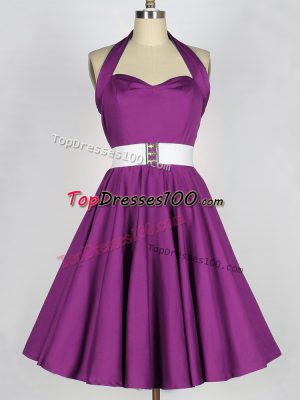 Purple Lace Up Quinceanera Court of Honor Dress Belt Sleeveless Knee Length