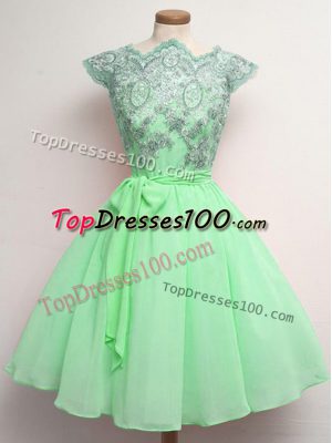 Scalloped Cap Sleeves Chiffon Wedding Guest Dresses Lace and Belt Lace Up