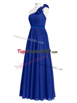 Fabulous Royal Blue Empire Chiffon One Shoulder Sleeveless Ruffles and Ruching Floor Length Zipper Quinceanera Dama Dress