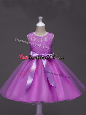 Adorable Lilac Sleeveless Tulle Zipper Party Dress for Girls for Wedding Party