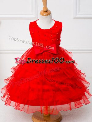 Tea Length Red Flower Girl Dresses for Less Organza Sleeveless Ruffled Layers and Bowknot