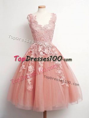 Peach Sleeveless Lace Knee Length Quinceanera Court of Honor Dress