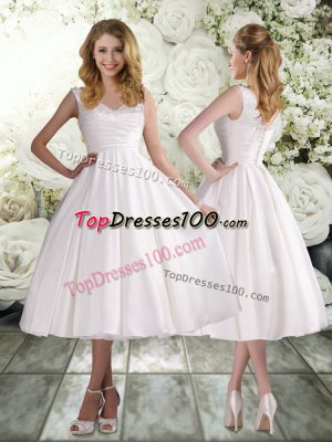 Nice Tea Length A-line Sleeveless White Wedding Dresses Lace Up