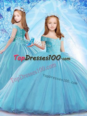 Fashion Cap Sleeves Organza Brush Train Lace Up Little Girls Pageant Gowns in Baby Blue with Beading