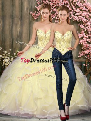Fitting Beading and Ruffles Quince Ball Gowns Light Yellow Lace Up Sleeveless Floor Length