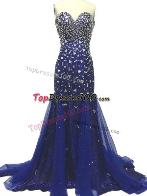 Fabulous Sleeveless Beading Zipper Evening Dress with Royal Blue Brush Train
