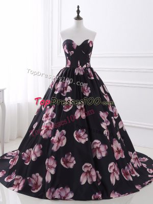 Enchanting Multi-color Printed Lace Up Dress for Prom Sleeveless Brush Train Ruching