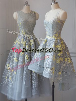 Wonderful Tea Length Grey Bridesmaids Dress Scoop Sleeveless Criss Cross