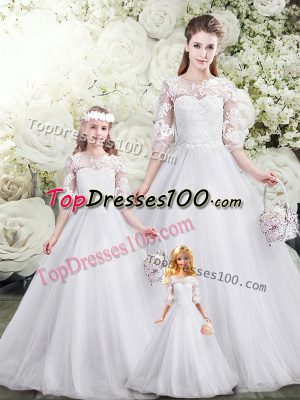 Elegant Half Sleeves Lace Lace Up 15th Birthday Dress with White Brush Train
