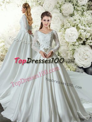 Pretty Lace Up Wedding Dress White for Wedding Party with Lace and Belt Chapel Train