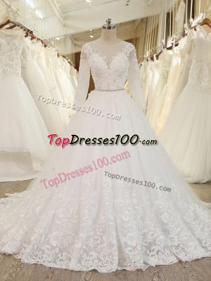 Hot Sale White Long Sleeves Tulle Chapel Train Zipper Bridal Gown for Beach and Wedding Party