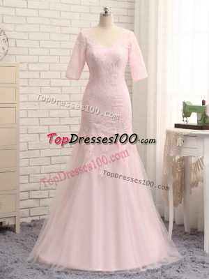 Artistic Baby Pink Column/Sheath V-neck Half Sleeves Tulle Floor Length Zipper Lace and Appliques Mother of Bride Dresses