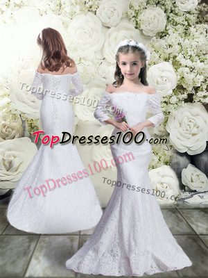 Floor Length Lace Up Flower Girl Dresses for Less White for Wedding Party with Lace