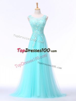 Glittering Sleeveless Brush Train Backless Lace and Appliques Prom Gown