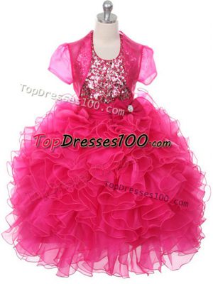 Best Organza Sleeveless Floor Length Little Girl Pageant Gowns and Ruffles and Sequins and Bowknot