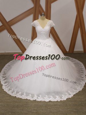 Pretty White Tulle Lace Up V-neck Short Sleeves Wedding Gown Chapel Train Beading and Lace and Appliques