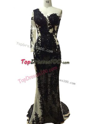 Black Tulle Side Zipper One Shoulder Long Sleeves Floor Length Homecoming Dress Beading and Appliques